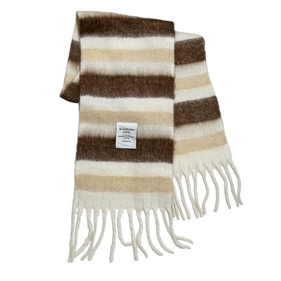 Acne Studios Accessories - Acne Studios Oversized Fringe Unisex Blanket Brown Tan White Striped Logo Scarf